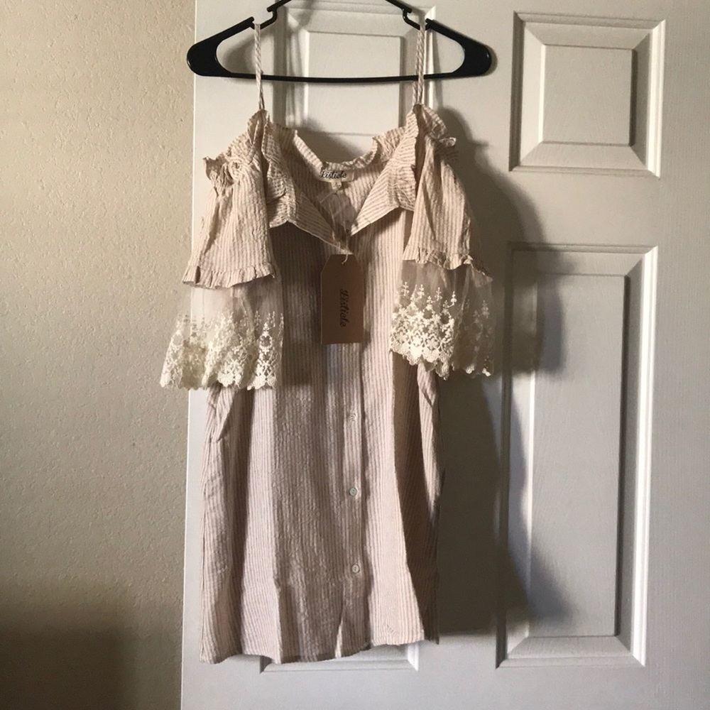 Taupe, short, off the shoulder, button up dress